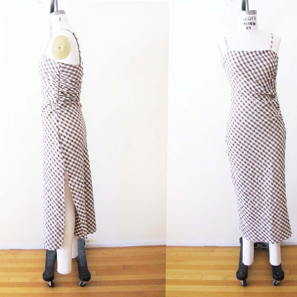 House of Harlow 1960 Dress Small Brown White Gingham Plaid Ruched Spaghetti - Picture 1 of 5
